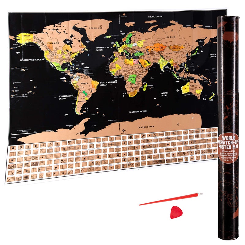SCS Direct Scratch Off World and USA Travel Map XL Poster w Precision Scratch Tools 33" x 23" â€“197 Countries/Flags w Detailed Cartography, Great Wall Decor, Gift - Image 2