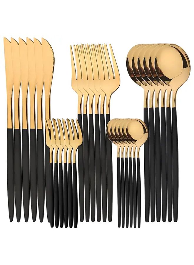 Golden 30 Piece Stainless Steel Cutlery Set Black Handle Service for 6 - Image 1