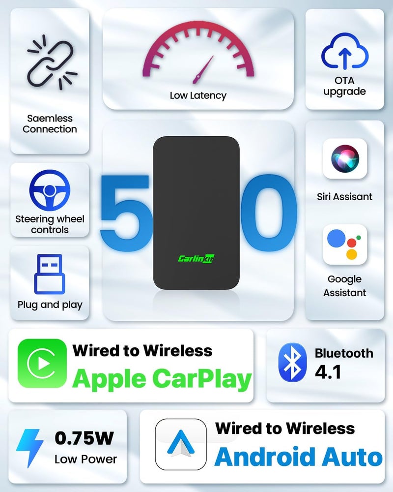 كار لينكيت محول Carlinkit 5.0 لاسلكي كاربلاي/أندرويد أوتو - يحول كاربلاي وأندرويد أوتو السلكي إلى لاسلكي - اتصال مستقر لوسائط السيارة المتعددة - إعداد سهل وتوافق - دعم عبر الإنترنت 24/7 - Image 4