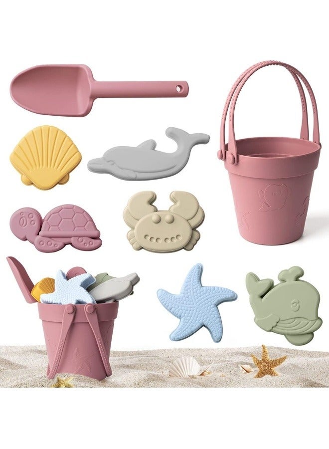 GGEROU 8Pcs Silicone Beach Toys with Portable Beach Bag Kids Sand Toys Set Travel Friendly Beach Toys Set for Boys Girls Beach Bucket Set with Sand Toy Molds Summer Outdoor Toys Pink  - Image 1