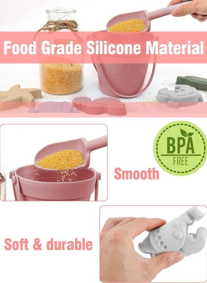 GGEROU 8Pcs Silicone Beach Toys with Portable Beach Bag Kids Sand Toys Set Travel Friendly Beach Toys Set for Boys Girls Beach Bucket Set with Sand Toy Molds Summer Outdoor Toys Pink  - Image 5