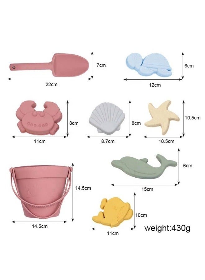 GGEROU 8Pcs Silicone Beach Toys with Portable Beach Bag Kids Sand Toys Set Travel Friendly Beach Toys Set for Boys Girls Beach Bucket Set with Sand Toy Molds Summer Outdoor Toys Pink  - Image 2