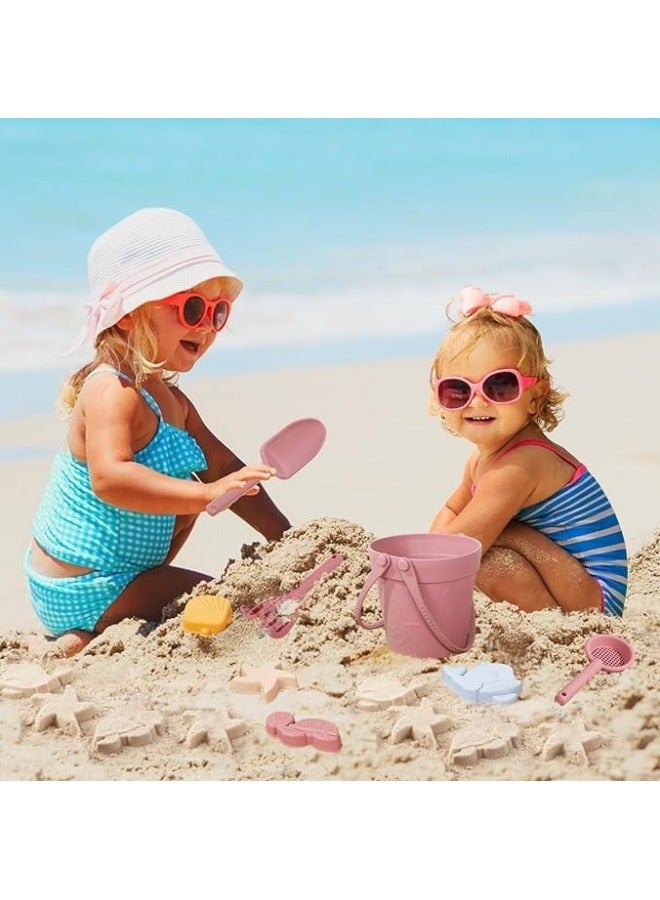 GGEROU 8Pcs Silicone Beach Toys with Portable Beach Bag Kids Sand Toys Set Travel Friendly Beach Toys Set for Boys Girls Beach Bucket Set with Sand Toy Molds Summer Outdoor Toys Pink  - Image 3