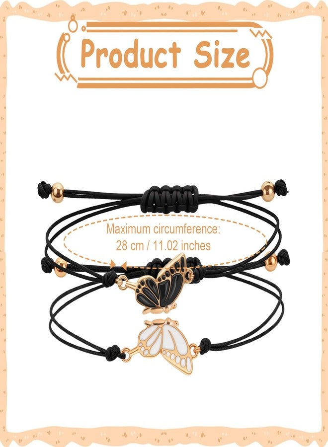 Larrel 2PCS Butterfly Friendship Bracelet, Butterfly Matching Bracelets, Butterflies Couple Bracelets, Adjustable Strand Best Friends Bracelet for Women, Jewelry Gifts for Couples and Friend (Black + White) - Image 2