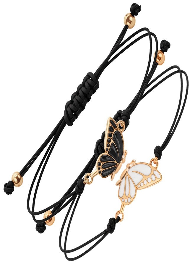 Larrel 2PCS Butterfly Friendship Bracelet, Butterfly Matching Bracelets, Butterflies Couple Bracelets, Adjustable Strand Best Friends Bracelet for Women, Jewelry Gifts for Couples and Friend (Black + White) - Image 1
