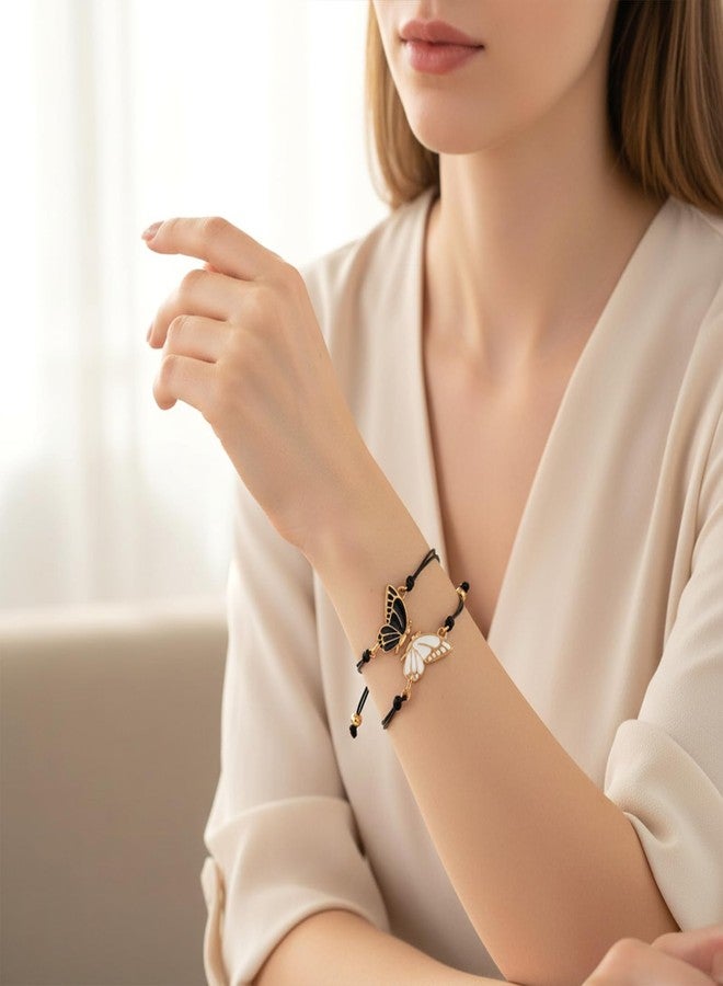 Larrel 2PCS Butterfly Friendship Bracelet, Butterfly Matching Bracelets, Butterflies Couple Bracelets, Adjustable Strand Best Friends Bracelet for Women, Jewelry Gifts for Couples and Friend (Black + White) - Image 5