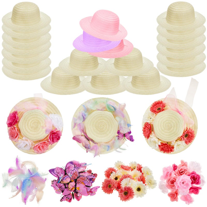 Hotop 197 Pcs DIY Girls Straw Hats Set Tea Party Hats for Kids Include 24 Pcs Straw Hats 48 Pcs Artificial Flower 24 Pcs Faux Butterfly 100 Pcs Fake Feather Straw Hats for Craft Dress up Hats - Image 1