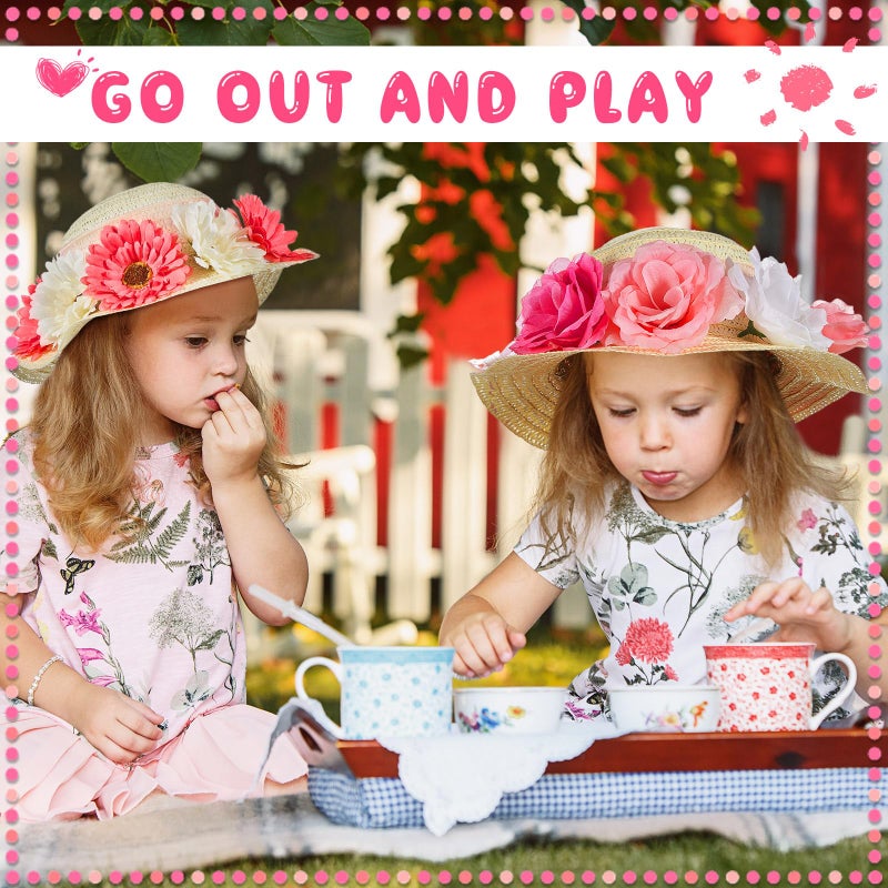 Hotop 197 Pcs DIY Girls Straw Hats Set Tea Party Hats for Kids Include 24 Pcs Straw Hats 48 Pcs Artificial Flower 24 Pcs Faux Butterfly 100 Pcs Fake Feather Straw Hats for Craft Dress up Hats - Image 5