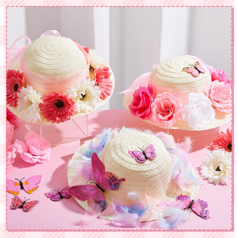 Hotop 197 Pcs DIY Girls Straw Hats Set Tea Party Hats for Kids Include 24 Pcs Straw Hats 48 Pcs Artificial Flower 24 Pcs Faux Butterfly 100 Pcs Fake Feather Straw Hats for Craft Dress up Hats - Image 4
