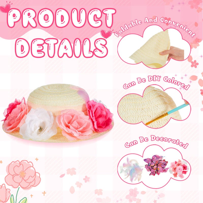 Hotop 197 Pcs DIY Girls Straw Hats Set Tea Party Hats for Kids Include 24 Pcs Straw Hats 48 Pcs Artificial Flower 24 Pcs Faux Butterfly 100 Pcs Fake Feather Straw Hats for Craft Dress up Hats - Image 3