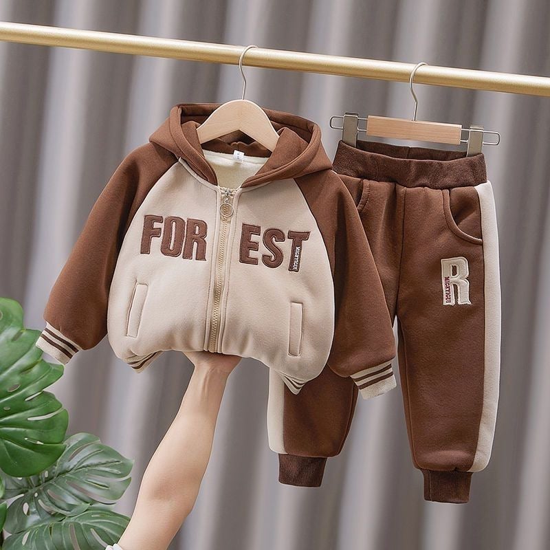 Boys Winter suit 2023 New Babys Autumn and Winter fleece-lined Thickened Western Style Sweat Childrens Fashionable Sports Childrens Wear Coffee 