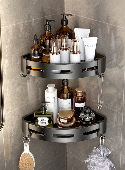 2 Pack Bathroom Shower Shelves with 8 Hooks, Corner Shower Caddy Shelf Organizer Rack, Rustproof Bathroom Shower Storage Baskets, Wall Organization Storage Shelves Basket for Bathroom