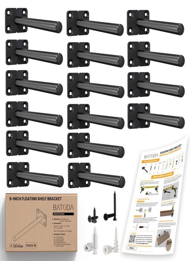BATODA - 6" Floating Shelf Bracket (16 pcs) - Solid Steel Blind Shelf Supports - Hidden Brackets for Floating Wood Shelves - Blind Shelf Support - Shelving Mounting Hardware Included (Pack 16) - Image 1
