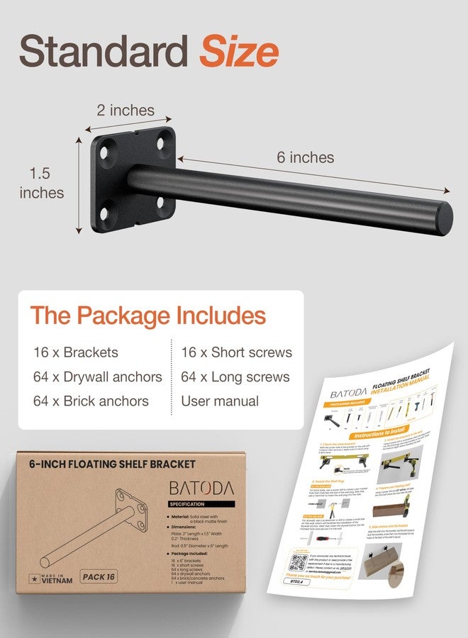 BATODA - 6" Floating Shelf Bracket (16 pcs) - Solid Steel Blind Shelf Supports - Hidden Brackets for Floating Wood Shelves - Blind Shelf Support - Shelving Mounting Hardware Included (Pack 16) - Image 4