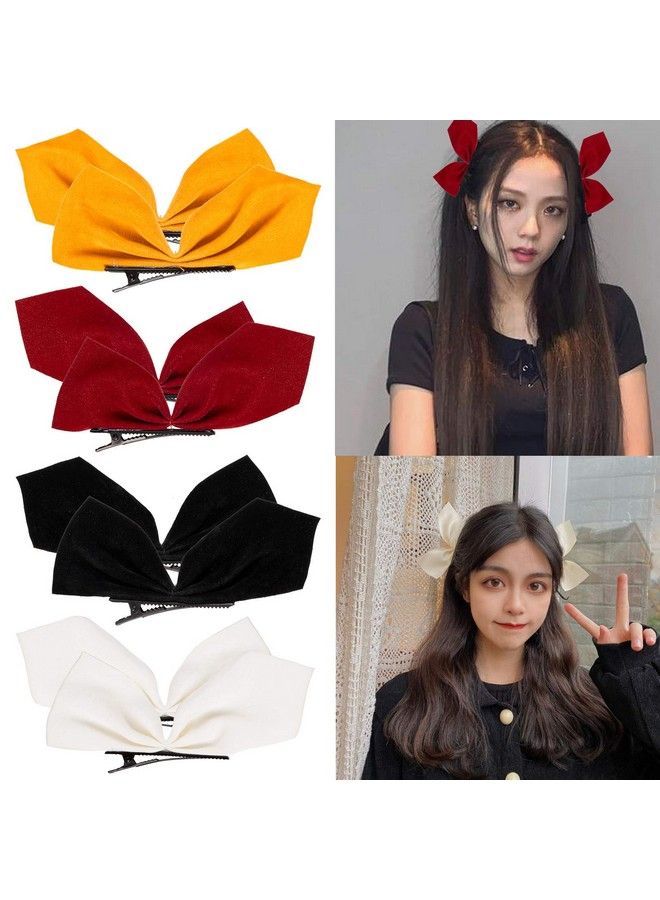 Whaline 4 أزواج من مشابك الشعر المخملية مع رباطات جانبية مشابك شعر مخملية بارريتات بألوان مختلطة دبابيس شعر غير قابلة للانزلاق مشابك على شكل رباطات ملونة ملحقات شعر لطيفة للفتيات والنساء 8 قطع (أحمر أصفر أبيض أسود) - Image 2