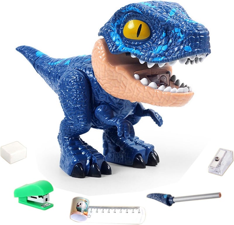 KolorFish 5 in 1 Stationery Set,Dinosaur-Themed Stationery Funny Toy for Kids,Student Storage Eraser Ruler Pencil Sharpener Staple for Boys and Girls (Blue) - Image 1