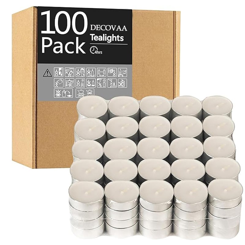 DECOVAA 4 Hours Unscented Tealight Candles LongLasting and CleanBurning Paraffin Wax Tea Light Smokeless Candle for Home Dcor Romantic Dinners Weddings Diwali Decorations Pack of 100