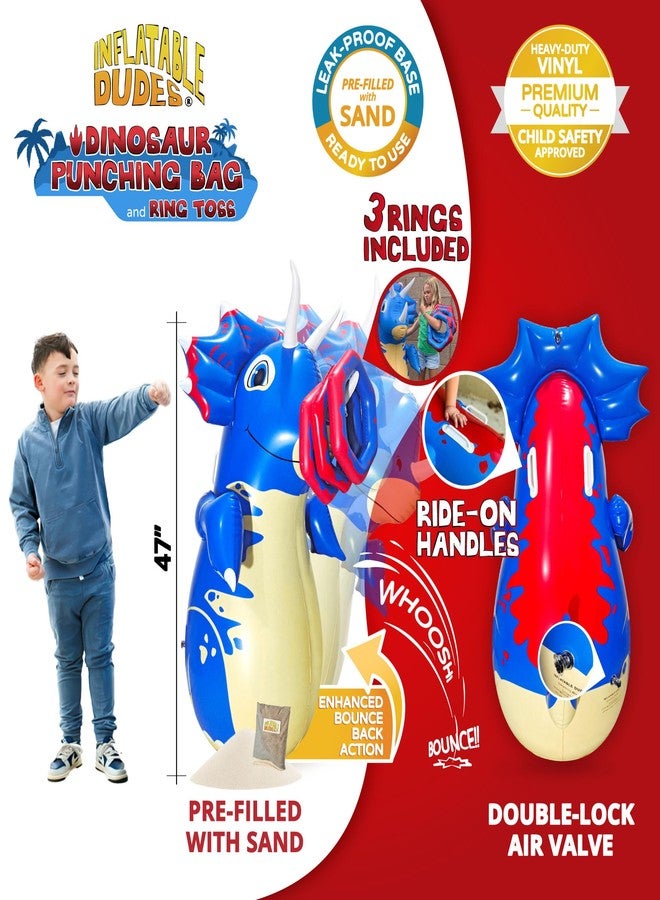 INFLATABLE DUDES Dinosaur 47 Inches- Kids Punching Bag| Already Filled with Sand |Triceratops Bop Bag |Ring Toss with 3 Inflatable Rings| | Ride-on Toy + Handles| Punching Bag for Kids -(Tops) - Image 3