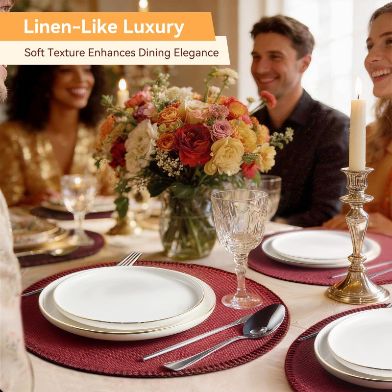 Rinpon Round Placemats Set of 8 - Machine Washable Linen-Like Cloth Place Mats & Heat-Resistant for Dining Table - Ideal for Family Meals, Daily Use, and Holiday Gatherings (Burgundy) - Image 3