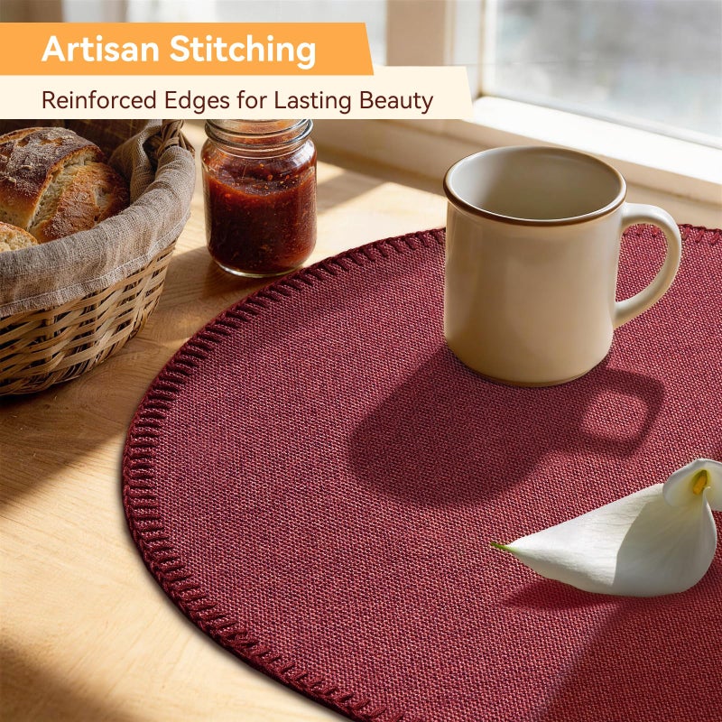Rinpon Round Placemats Set of 8 - Machine Washable Linen-Like Cloth Place Mats & Heat-Resistant for Dining Table - Ideal for Family Meals, Daily Use, and Holiday Gatherings (Burgundy) - Image 4