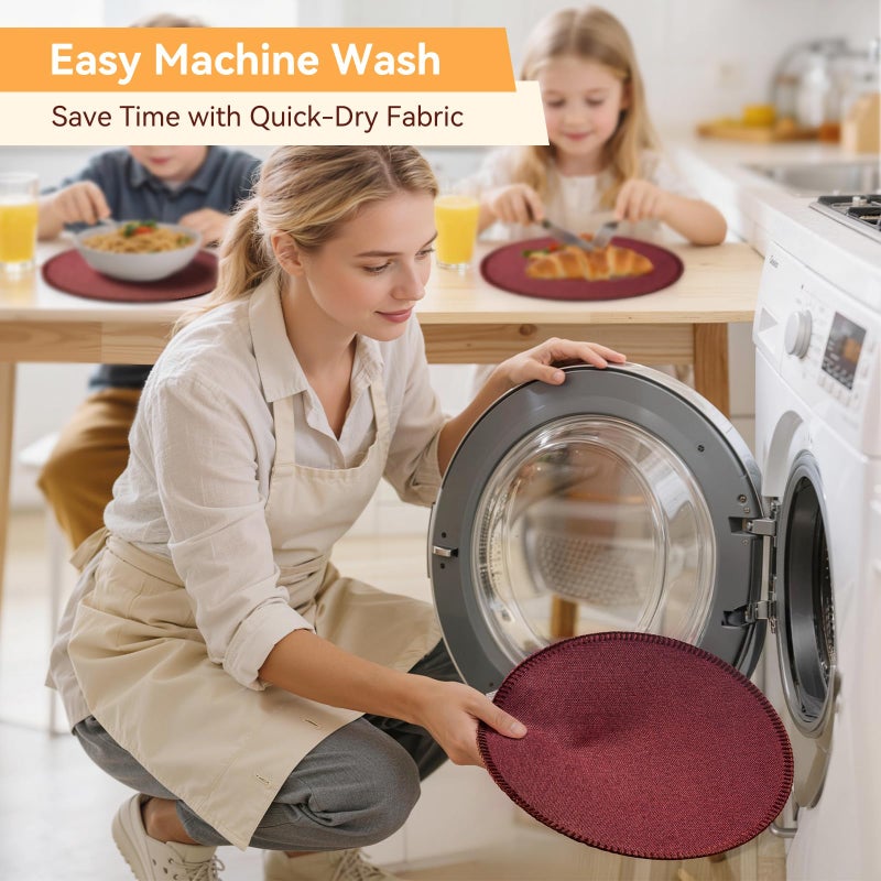 Rinpon Round Placemats Set of 8 - Machine Washable Linen-Like Cloth Place Mats & Heat-Resistant for Dining Table - Ideal for Family Meals, Daily Use, and Holiday Gatherings (Burgundy) - Image 2