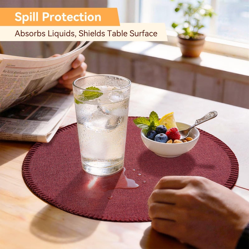 Rinpon Round Placemats Set of 8 - Machine Washable Linen-Like Cloth Place Mats & Heat-Resistant for Dining Table - Ideal for Family Meals, Daily Use, and Holiday Gatherings (Burgundy) - Image 5