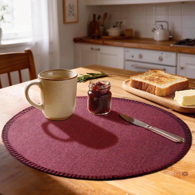 Rinpon Round Placemats Set of 8 - Machine Washable Linen-Like Cloth Place Mats & Heat-Resistant for Dining Table - Ideal for Family Meals, Daily Use, and Holiday Gatherings (Burgundy) - Image 1
