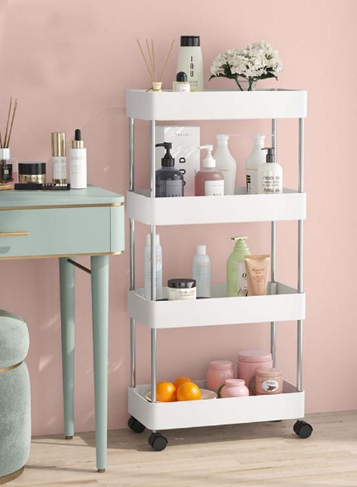 DubaiGallery 4 Tier Rolling Utility Cart Storage Shelves With Roller Wheels Organizer Shelf For Kitchen Bathroom Office Living Room, Storage Holders & Racks White - Image 4