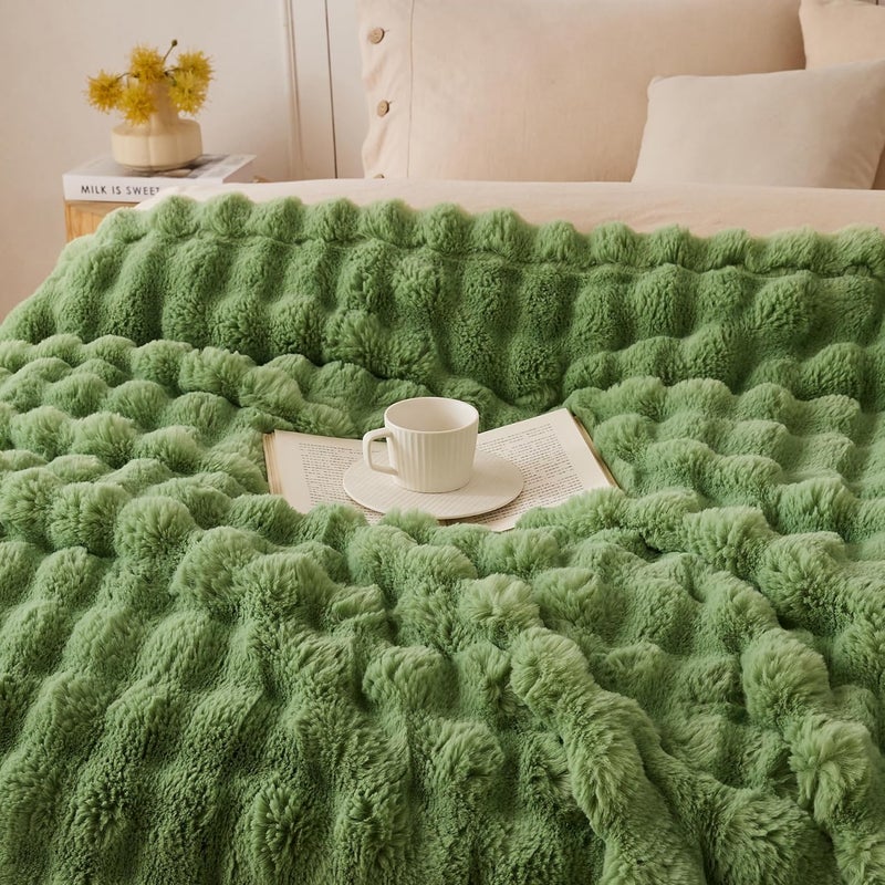 COOVA Faux Fur Throw Blanket for Couch, Cozy Soft and Fuzzy Plush Rabbit Fur Bubble Blanket for Sofa Bedroom Living Room, 60x80 Inches Light Green - Image 3