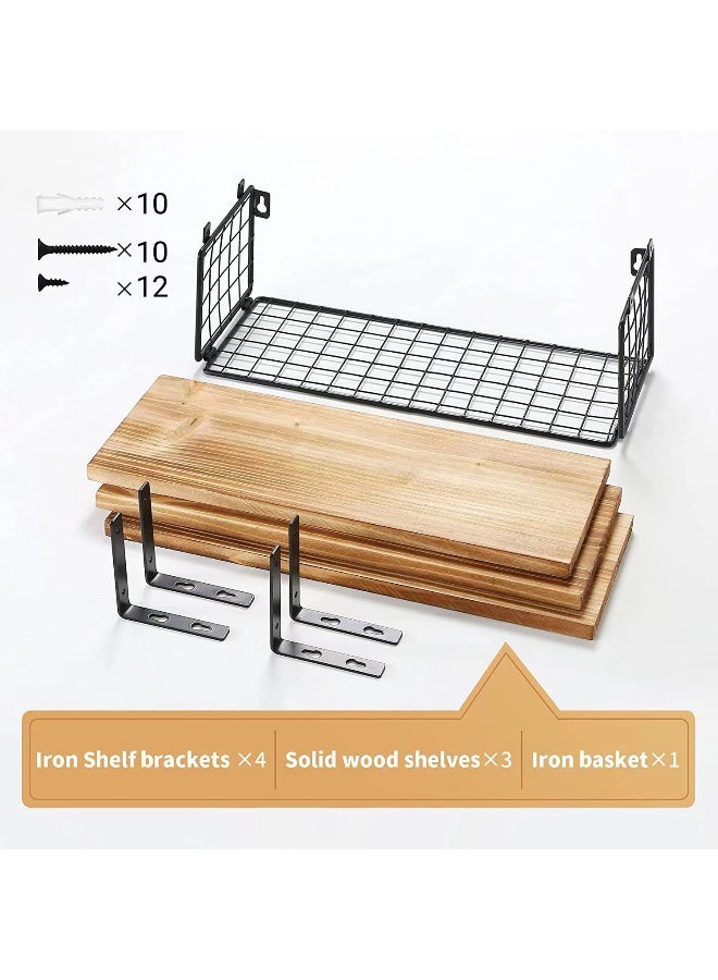 Kawkab 3Pcs Floating Wall Shelves, Rustic Wood and Metal Wall-Mounted Storage Racks with Mesh Guard, Multi-Layer Design, Natural Wood Color, Large & Deep Shelves for Bedroom, Bathroom, Kitchen, Living Room, Laundry & Closet Decor - Image 5