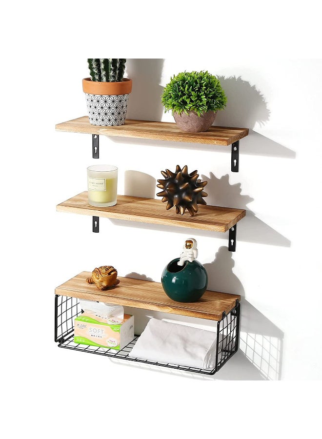 Kawkab 3Pcs Floating Wall Shelves, Rustic Wood and Metal Wall-Mounted Storage Racks with Mesh Guard, Multi-Layer Design, Natural Wood Color, Large & Deep Shelves for Bedroom, Bathroom, Kitchen, Living Room, Laundry & Closet Decor - Image 1