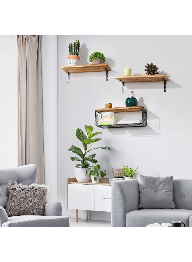 Kawkab 3Pcs Floating Wall Shelves, Rustic Wood and Metal Wall-Mounted Storage Racks with Mesh Guard, Multi-Layer Design, Natural Wood Color, Large & Deep Shelves for Bedroom, Bathroom, Kitchen, Living Room, Laundry & Closet Decor - Image 2