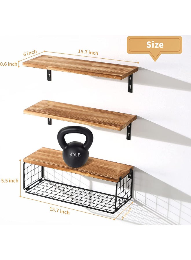 Kawkab 3Pcs Floating Wall Shelves, Rustic Wood and Metal Wall-Mounted Storage Racks with Mesh Guard, Multi-Layer Design, Natural Wood Color, Large & Deep Shelves for Bedroom, Bathroom, Kitchen, Living Room, Laundry & Closet Decor - Image 3