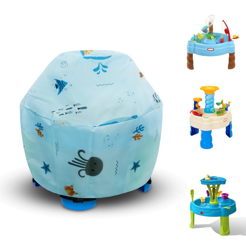 Raweao Kids Water Table Cover Outdoor Kids Toy Cover for Little Tikes Showers Splash Tower Water Table Blue Printed Round Cover Waterproof Dustproof - Image 2