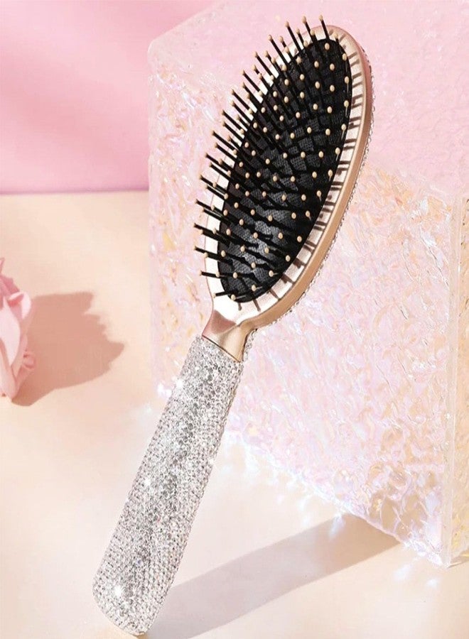 Frinnovan 1 Pack Rhinestone Hair Brush Detangling Bling Detangle Massage Sparkle Compact Comb Crystal Air Cushion for Women Wet Dry (Silver-Round) - Image 4