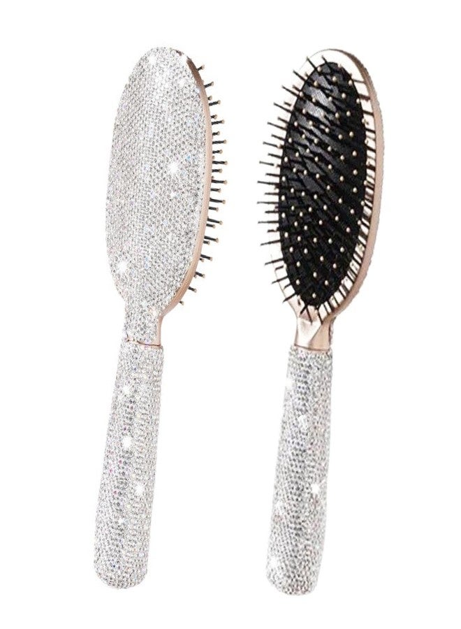 Frinnovan 1 Pack Rhinestone Hair Brush Detangling Bling Detangle Massage Sparkle Compact Comb Crystal Air Cushion for Women Wet Dry (Silver-Round) - Image 1