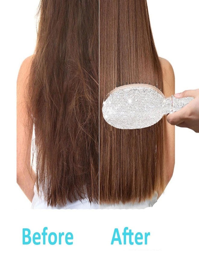 Frinnovan 1 Pack Rhinestone Hair Brush Detangling Bling Detangle Massage Sparkle Compact Comb Crystal Air Cushion for Women Wet Dry (Silver-Round) - Image 2