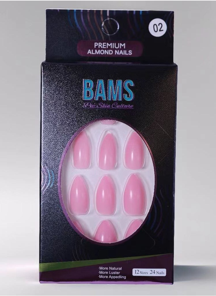 B A M S ثقافة البشرة الشعبية أظافر BAMS الصناعية، ٢٤ قطعة، على شكل لوز، مع مجموعة غراء (لون ٠٢)  - Image 1