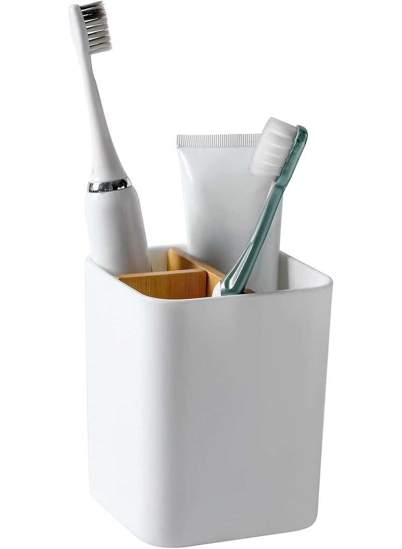 White Toothbrush Holder with Bamboo Dividers, 3 Slots Bathroom Counter Organizer for Electric Toothbrushes, Toothpaste, Floss, Razors - Image 1