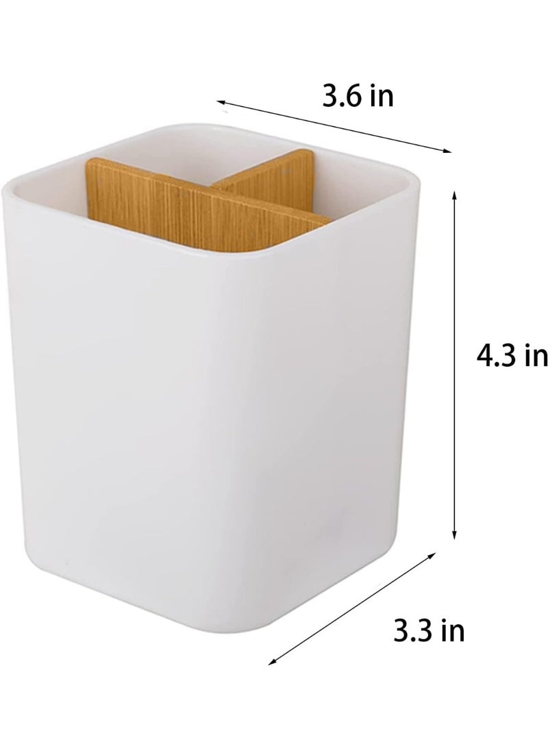White Toothbrush Holder with Bamboo Dividers, 3 Slots Bathroom Counter Organizer for Electric Toothbrushes, Toothpaste, Floss, Razors - Image 2