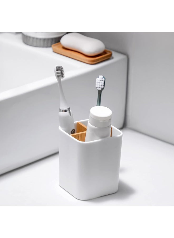 White Toothbrush Holder with Bamboo Dividers, 3 Slots Bathroom Counter Organizer for Electric Toothbrushes, Toothpaste, Floss, Razors - Image 3