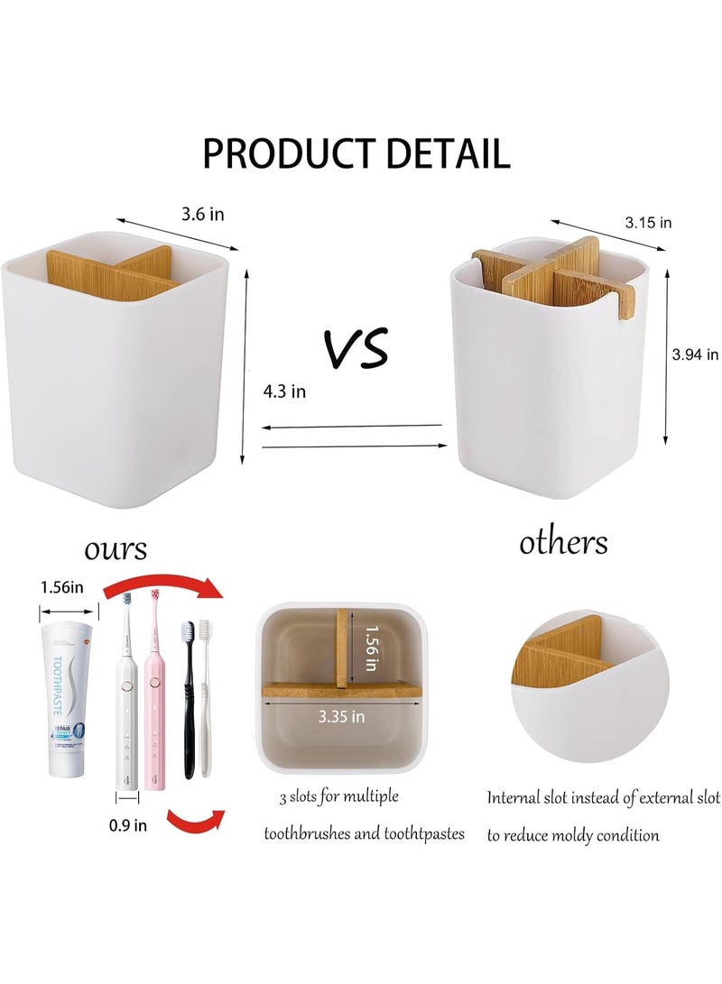 White Toothbrush Holder with Bamboo Dividers, 3 Slots Bathroom Counter Organizer for Electric Toothbrushes, Toothpaste, Floss, Razors - Image 4