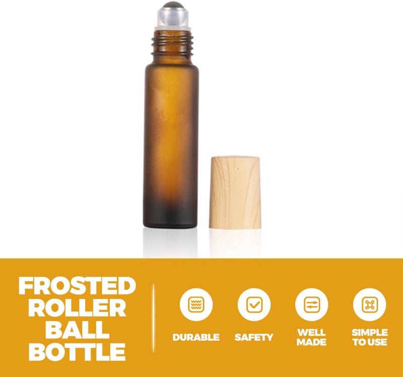 12pcs 10ml Frosted Glass Roller Ball Bottles with Wood-grain Caps, Refillable Essential Oil Roller Bottles for Travel and Perfume Storage - Image 2