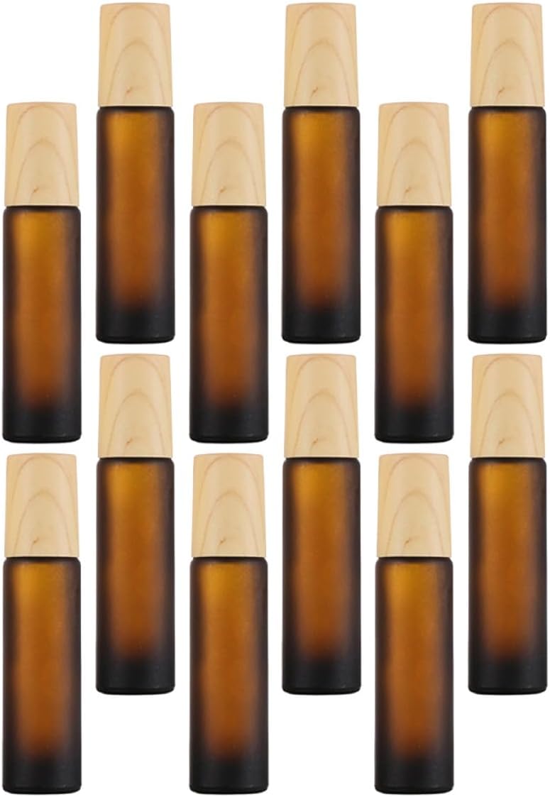 12pcs 10ml Frosted Glass Roller Ball Bottles with Wood-grain Caps, Refillable Essential Oil Roller Bottles for Travel and Perfume Storage - Image 1