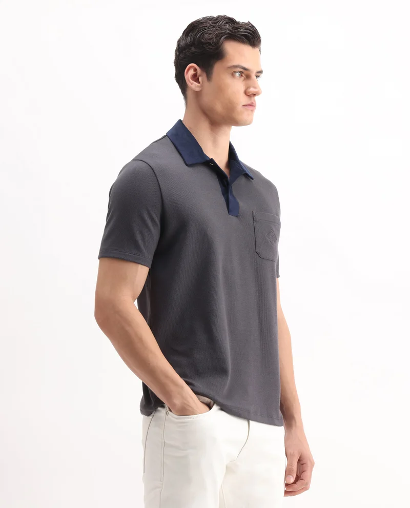Rare Rabbit Men's Premium Velvet Collar Patch Pocket Polo