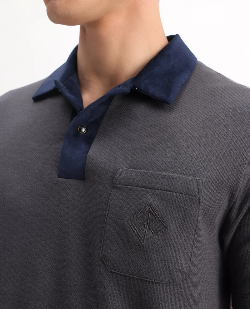 Rare Rabbit Men's Premium Velvet Collar Patch Pocket Polo