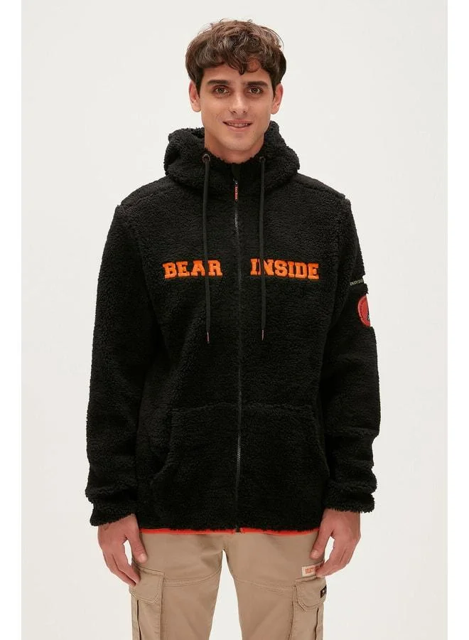 Bad Bear Shaggy Plush Full-Zip Black Plush Men's Hooded Sweatshirt.