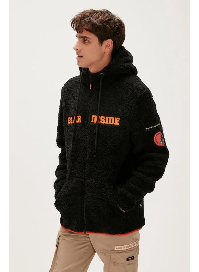 Bad Bear Shaggy Plush Full-Zip Black Plush Men's Hooded Sweatshirt.