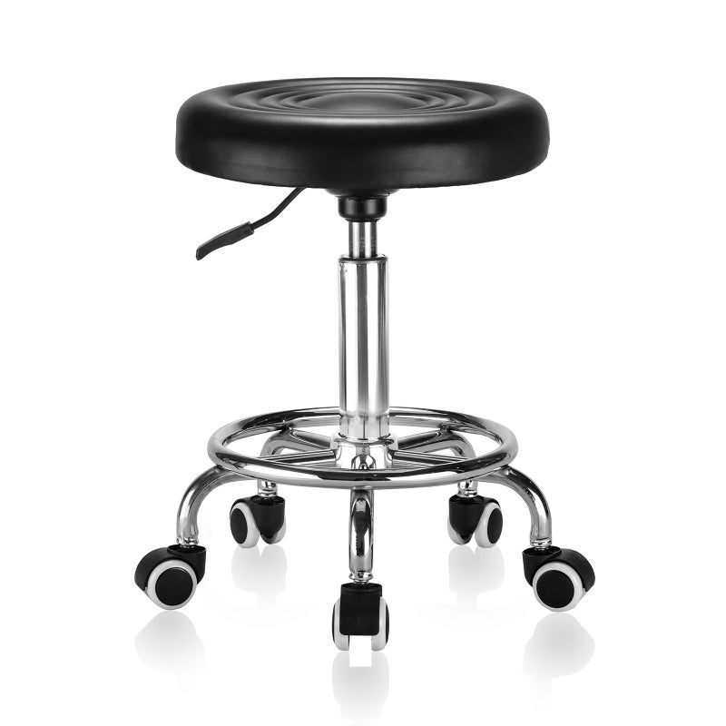 Round Rolling Stool Adjustable Height 360Smooth Swivel Stool with Wheels and Footrest Ring PU Leather Compact Size for Massage Tattoo Salon Office Home Weight Capacity 300LBS Black