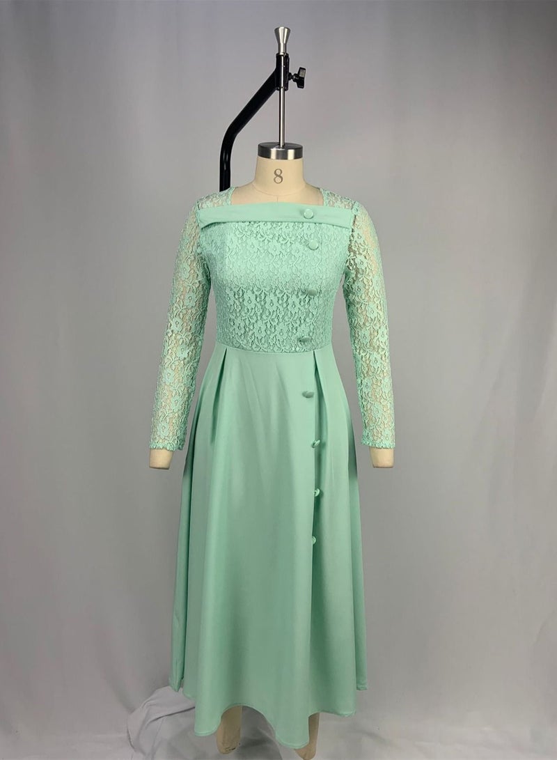 Loquat Lace Dress With High Waist And Long Sleeve Green  - Image 1